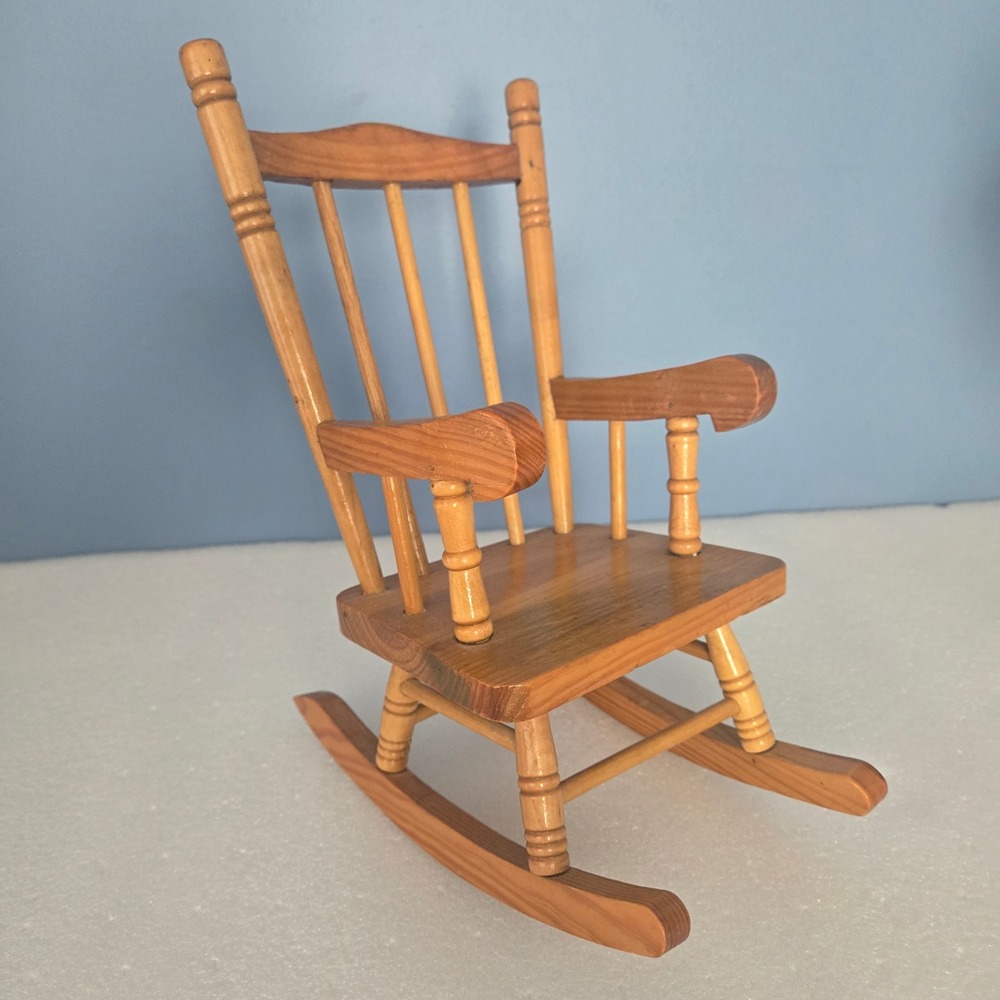 Vtg Miniature Wooden Rocking Chair light maple Spindle Back Doll Furniture Decor